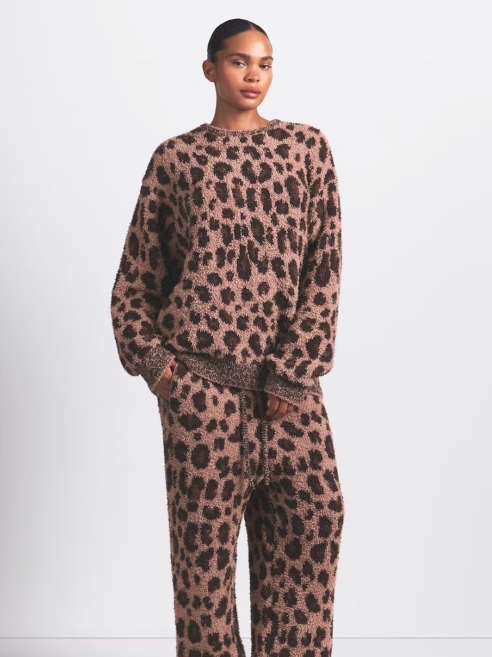 SKIMS Cozy Oversized Crewneck Pullover Sienna Leopard Print Size S/M